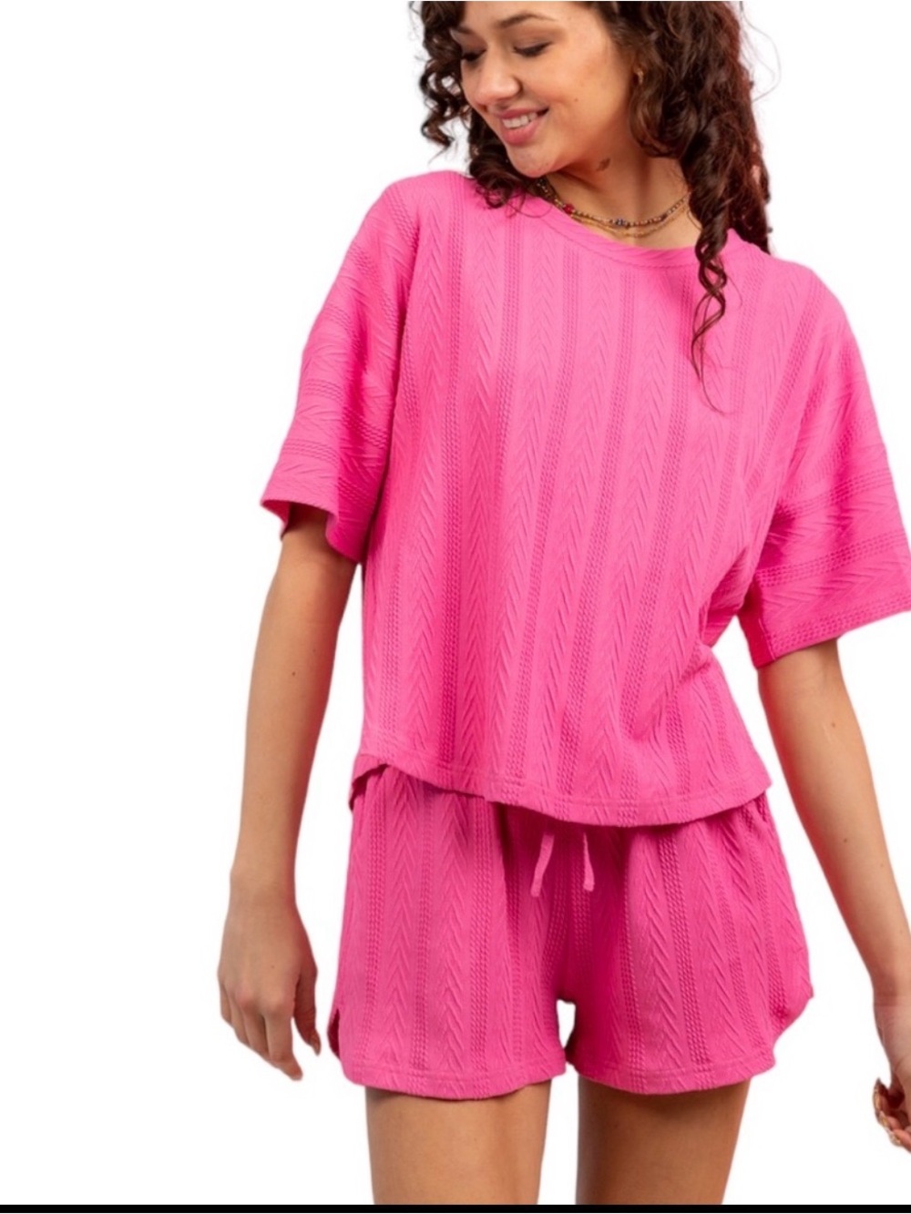 *K181 Women's Med Bright Pink Short Sleeve Knit Top Short Set Casual Comfort NWT